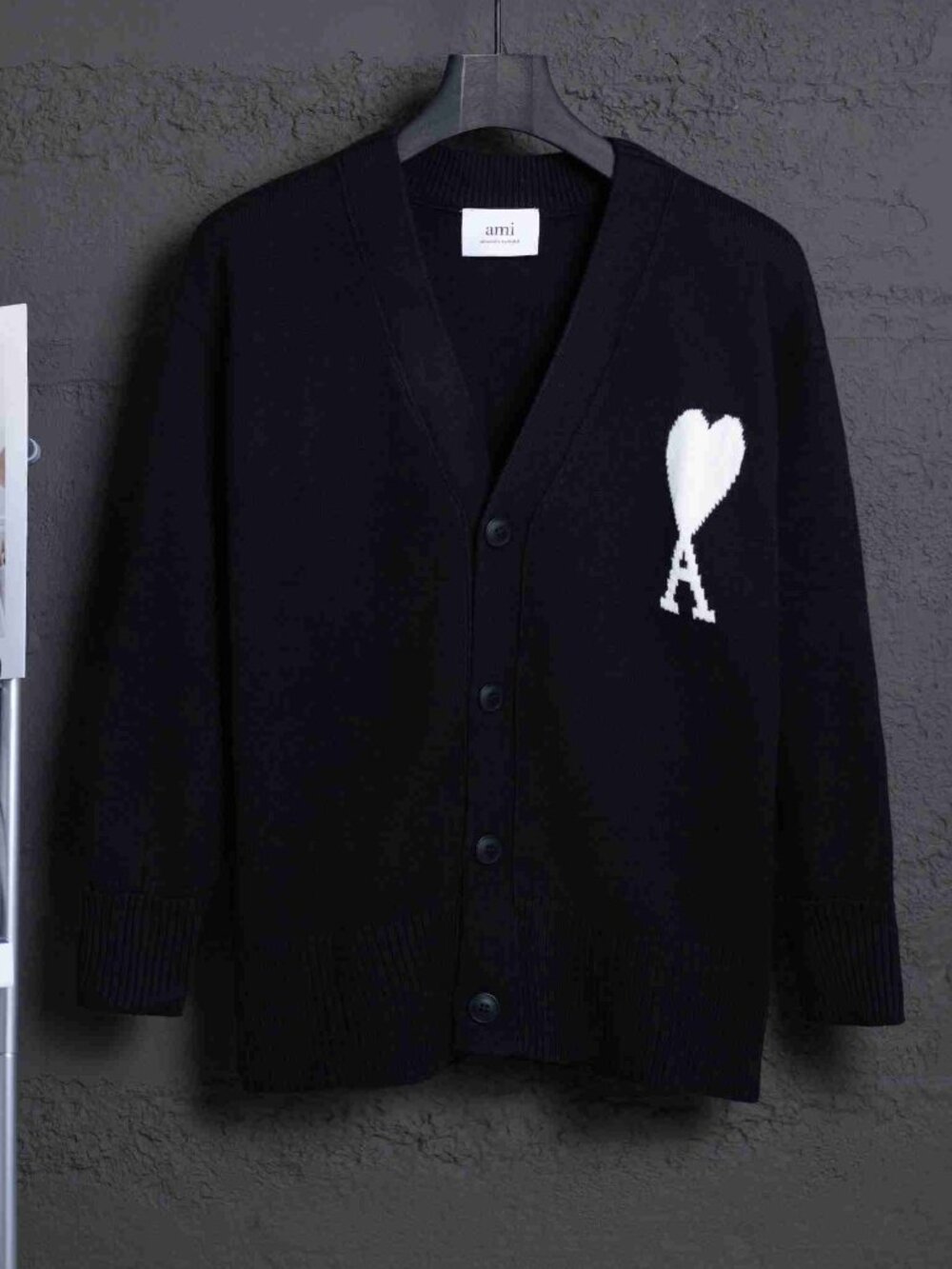 AMI De Coeur Black Knit Cardigan White Heart Logo Button-Front
